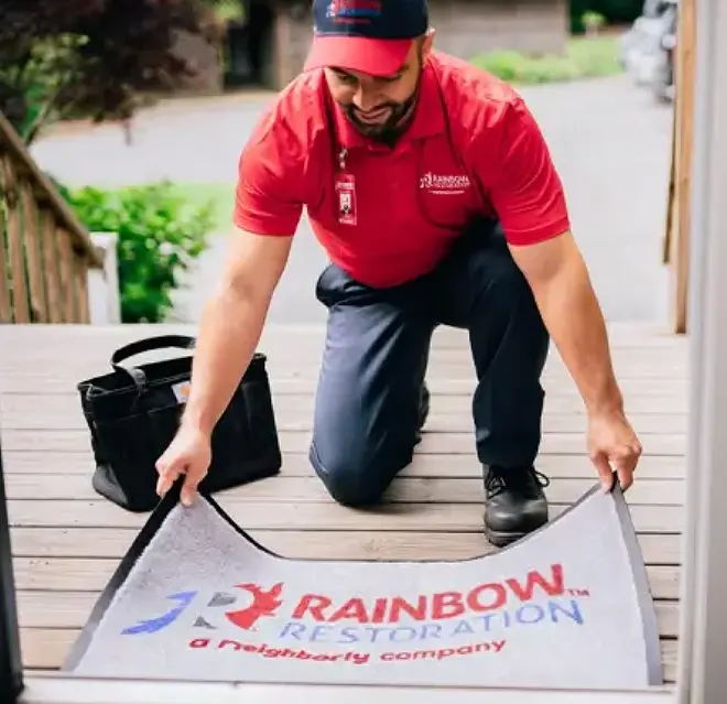 A Rainbow Restoration service professional laying out a branded company mat at the front door of a customer's home.