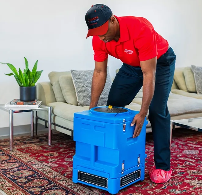 A Rainbow Restoration service professional sets up equipment in a customer's home in Anderson, SC..