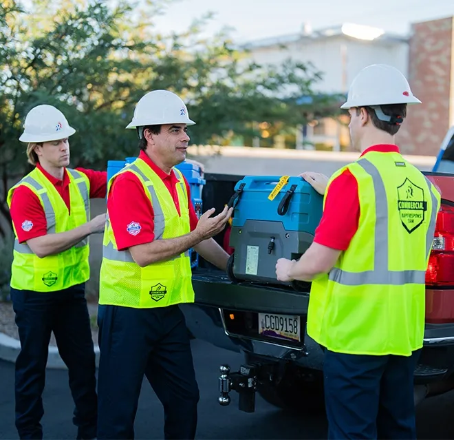Rainbow Restoration of Dickinson’s emergency response teams unloads equipment at a property damage loss in Santa Fe, TX.