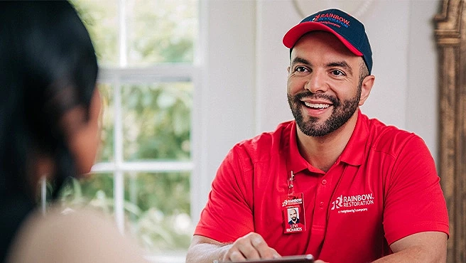 A Rainbow Restoration representative discusses property restoration services with a homeowner in Savannah, GA.