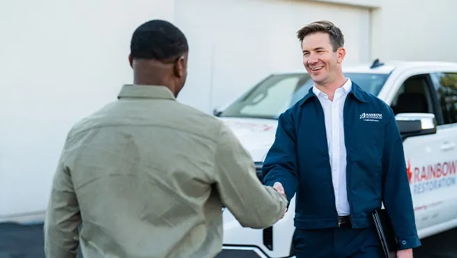 A Rainbow Restoration representative meets a property owner who has called for help with emergency restoration services in Hitchcock, TX.