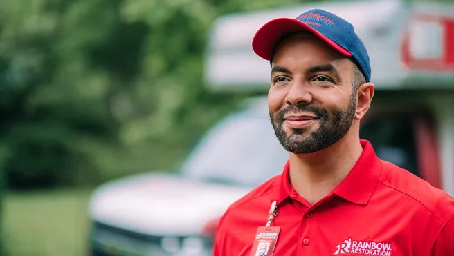 A Rainbow Restoration of Greenville service professional arrives at a home in Inman, SC, to provide emergency restoration services.
