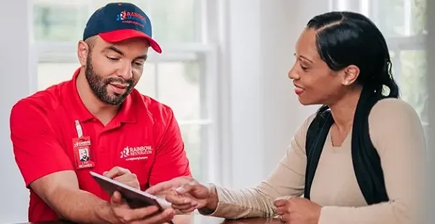 A customer points to a tablet held by a Rainbow Restoration service professional as they sit at her kitchen table.