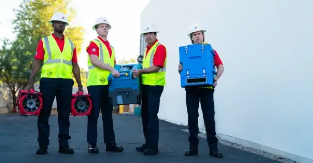Four Rainbow Restoration service professionals wearing safety vests and hard hats and carrying industrial fans.