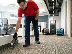 A restoration service professional wearing a red polo shirt and navy blue pants uses a moisture detection tool on the carpet of a Canton office building.