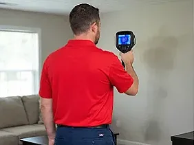 A restoration service professional using a thermal camera to detect moisture behind a wall in a Canton residence.