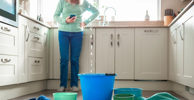 Woman in Prineville, OR, stands in the kitchen holding a phone to call a restoration company during a water damage emergency as water falls from the ceiling.