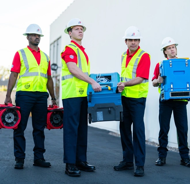 Team of Rainbow Restoration professionals holding equipment.