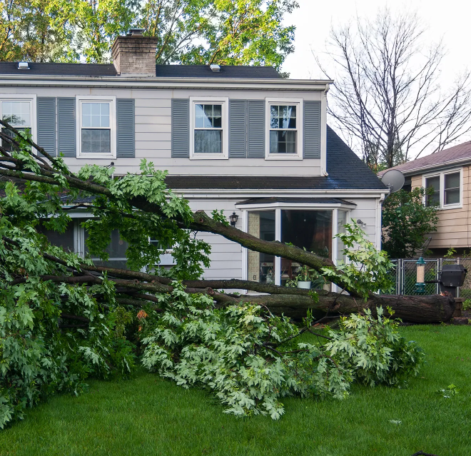 Wind damage to a residential property after a storm.