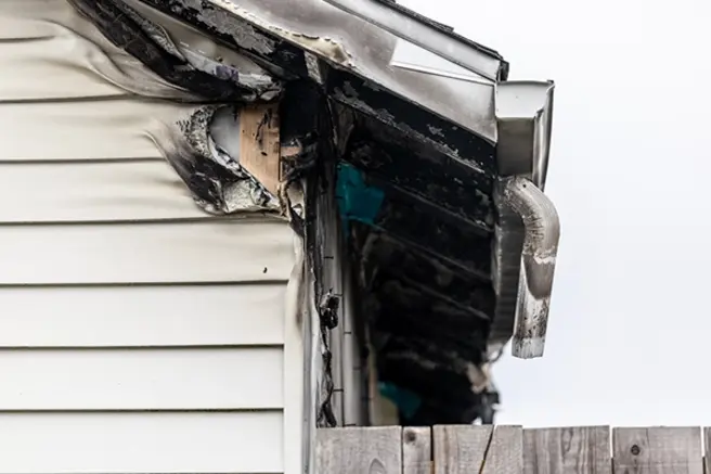 A home in Galveston, TX, with fire damage to the roof and siding.