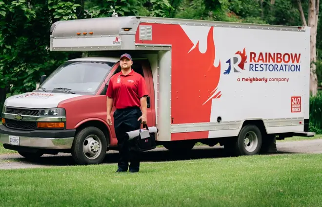 Rainbow Restoration service professional standing in front of a company truck. 