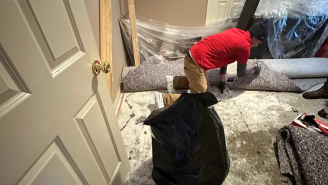 A Rainbow Restoration of Little Rock service professional working in a room with the carpeting removed and the floorboards exposed.