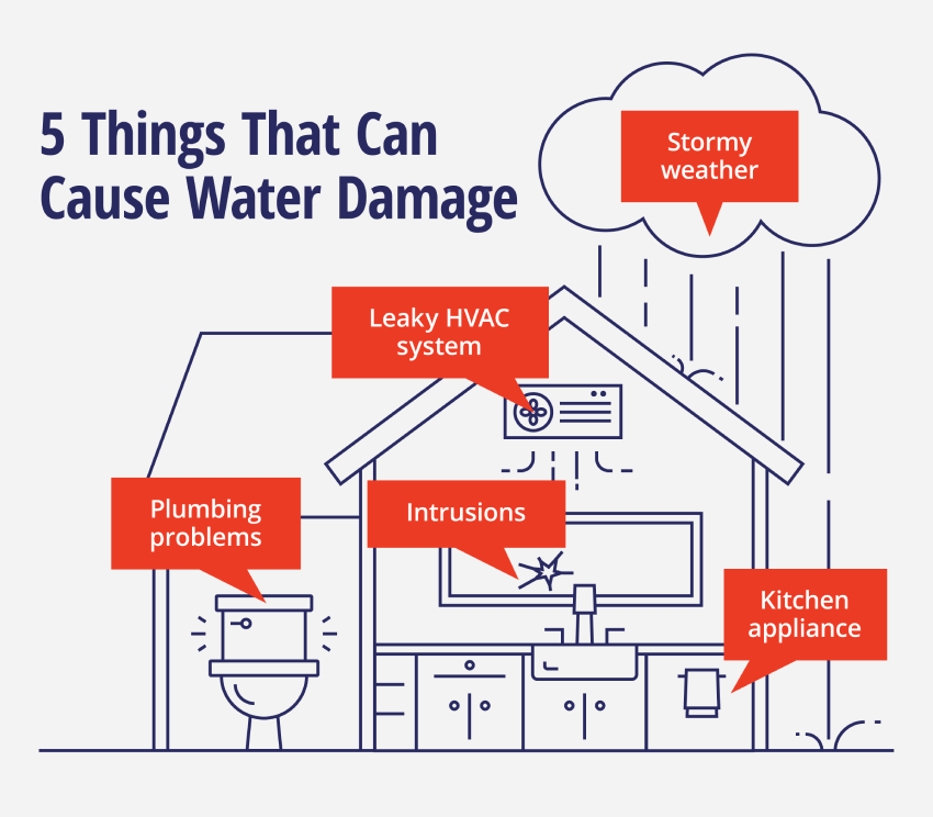 Illustrated house labeled with five things that can cause water damage including: stormy weather, leaky HVAC system, plumbing problems, incursions, and a kitchen appliance.