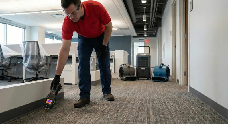 A restoration service professional wearing a red polo shirt and navy blue pants uses a moisture detection tool on the carpet of a Canton office building.