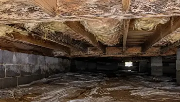 A damp crawl space shows mold growth on wooden floor joists, sagging insulation, and a worn vapor barrier over the dirt floor.