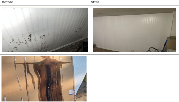 Before and after pictures of a bulged basement wall due to water damage.