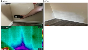 Before and after pictures of a mold developed inside wall.