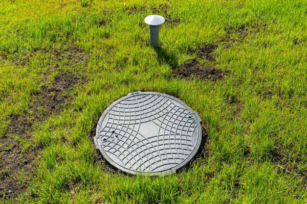 Septic tank cover in a yard.