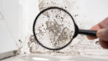 Magnify glass examining mold on wall.