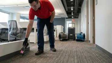 A restoration service professional wearing a red polo shirt and navy blue pants uses a moisture detection tool on the carpet of a Canton office building.