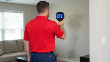 A restoration service professional using a thermal camera to detect moisture behind a wall in a Canton residence.