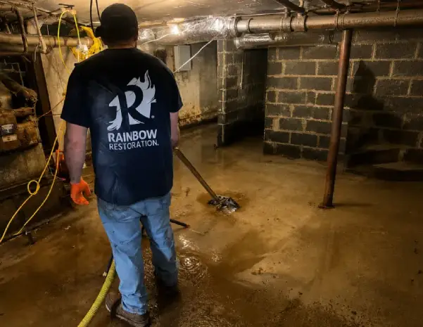 A Rainbow Restoration service professional removes standing water from a flooded basement using professional extraction equipment.