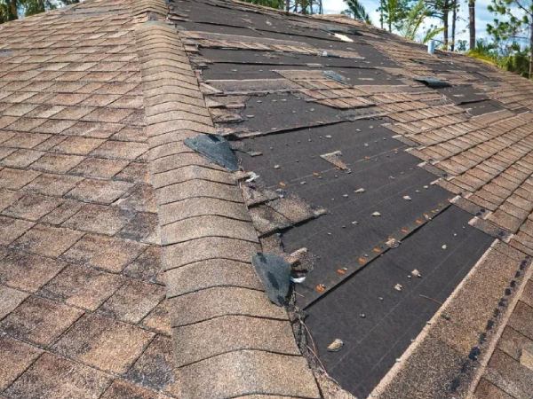 Wind-damaged roof in Johnson City with missing shingles and exposed underlayment, showing how storm-driven rain can enter through roofline vulnerabilities.