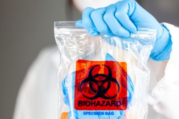 A person wearing blue nitrile gloves and a white protective suit holds a clear plastic biohazard specimen bag. The bag features a prominent orange biohazard symbol and contains medical or contaminated materials, indicating safe handling during a biohazard cleanup process.