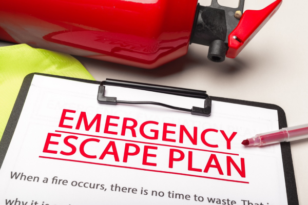 Clipboard with a document that says in red “Emergency Escape Plan”