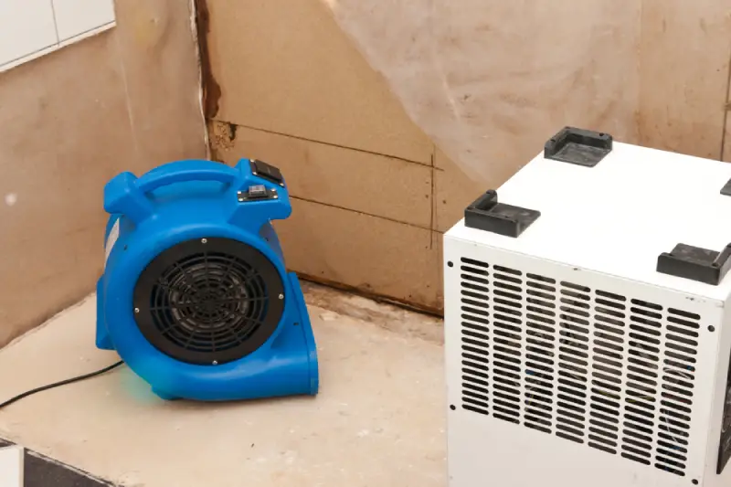 Industrial fans being used to dry a home after a flood, illustrating the professional restoration process when water damage is present.