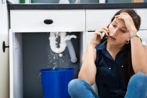A woman sits on the floor next to a kitchen cabinet with a worried expression while talking on the phone. Water is leaking from a pipe under the sink into a blue bucket, indicating a plumbing emergency.