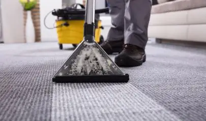 A professional technician uses a commercial carpet cleaning machine to deep-clean a gray carpet in a living room. The cleaning head is visibly extracting dirt and moisture, with a yellow cleaning unit and hose in the background.