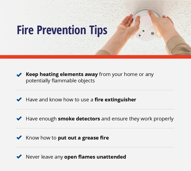 A person checking their smoke detector with a list of fire prevention tips, including knowing how to use a fire extinguisher, having enough smoke detectors, and never leaving open flames unattended. 