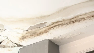 Water damage creates discoloration on a ceiling.